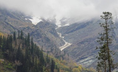 Hindistan 'ın başkenti Himachal Pradesh' te bulunan Kkullu Bölgesi 'ndeki Manali Tepesi İstasyonu' ndaki atal tünelin yakınındaki karlı Himalayaların vahşi ve manzaralı dağ güzelliği.