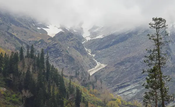 Hindistan 'ın başkenti Himachal Pradesh' te bulunan Kkullu Bölgesi 'ndeki Manali Tepesi İstasyonu' ndaki atal tünelin yakınındaki karlı Himalayaların vahşi ve manzaralı dağ güzelliği.