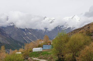 Manzaralı dağ manzarası, sonbahar mevsiminde uzak bir dağ köyü, Kyelang, Himachal Pradesh, Hindistan yakınlarındaki Lahaul Vadisi 'nde karla kaplı Himalayalar.