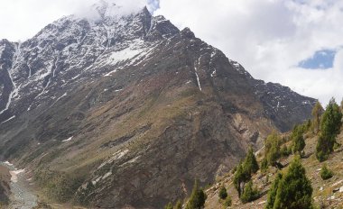 Karla kaplı himalaya dağlarının panoramik manzarası Lahaul 'daki Jispa köyünden vahşi doğa ve Hindistan' ın Himachal Pradesh kentindeki spiti.