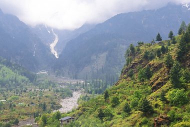 yemyeşil dağ vadisinin panoraması ve karla kaplı himalaya dağları, Kellu, Himachal Pradesh, Hindistan 'daki Manali Tepesi manzarası