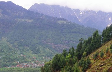 Kukullu vadisindeki Manali tepesinden yemyeşil orman ve sisli himalaya dağlarının panoramik manzarası, Manali 'nin etrafında yürüyüş, himachal pradesh, Hindistan