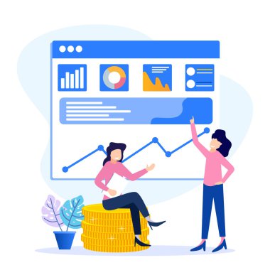 Dahiyane bir iş başarısının düz stil vektör çizimi. Ofis çalışanları kariyerlerinin ilerlemesini grafik analizleriyle kutluyorlar. Zaferi ve parlak geleceği kutluyoruz.