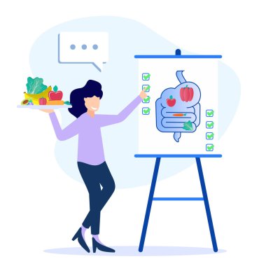 Sağlıklı gıda kültürü hareketi ve vejetaryen diyetinin düz vektör çizimi. Yeşil, doğal bileşenler ve iyi sağlık için besin kaynakları.