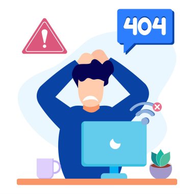 İş konseptinin temsili, hata 404, internet sinyali kesiliyor, ulaşılamıyor, işadamları rahatsız ediliyor ve hayal kırıklığına uğruyor.