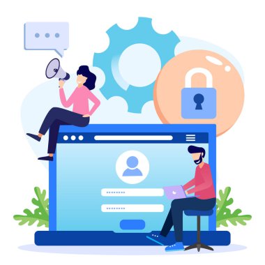 Flat vector illustration Simple scene with online registration. Create an account or log in to a specific site. Click the menu on the button banner to subscribe to marketing.