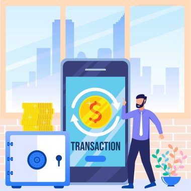 Vector illustration of modern style mobile banking concept of person character using app for money transfer and online banking