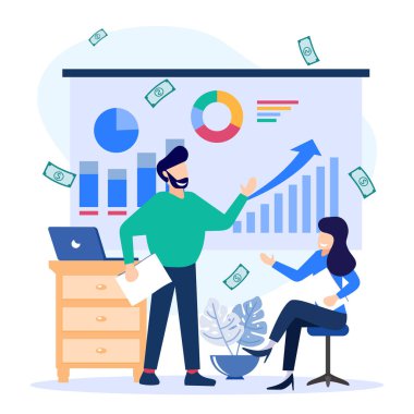 Maaş bordrolarının ve maaş bordrolarının düz vektör çizimi. Şirket gelirleri, vergi gelirleri ve bütçe planlamasının hesaplanması.