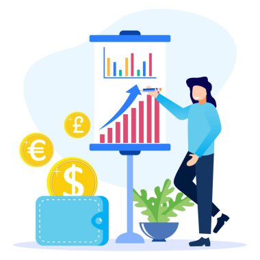 Maaş bordrolarının ve maaş bordrolarının düz vektör çizimi. Şirket gelirleri, vergi gelirleri ve bütçe planlamasının hesaplanması.