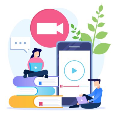İnternet eğitim temasının vektör illüstrasyonu ve evde webinar eğitimi yoluyla E-öğrenme. Uzaktan öğren, ekranla yüz yüze.