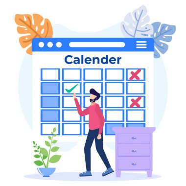 İş konsepti düz vektör çizimi. Kişinin karakteri iş programları ve diğer gündem maddeleri yaratır. vektör, zamanlama iş grafik tasarım görevleri haftanın.