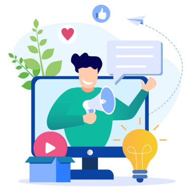 Beyaz arkaplan içeriği oluşturucu kavramı üzerine vektör illüstrasyonu. Parlak fikirli serbest çalışan sosyal medya ya da İnternet.