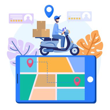 GPS navigasyon haritası konsept vektör çizimi, akıllı telefon haritası uygulaması ve ekranda kırmızı nokta. Belirtilen konuma yönler.