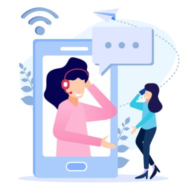 Destek için vektör illüstrasyonunu kabul et, çağrı merkezi. Müşteri hizmetleri. Kulaklıklı karakterler müşterilere çok hızlı hizmet ediyor..