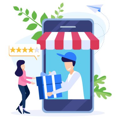 Smartphone ve laptop uygulamasında online alışveriş kavramının vektör çizimi. Sohbet mesajları, dağıtım, 24 saat ve simgeler gibi.