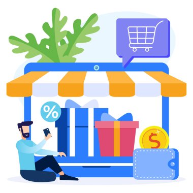 Smartphone ve laptop uygulamasında online alışveriş kavramının vektör çizimi. Sohbet mesajları, dağıtım, 24 saat ve simgeler gibi.