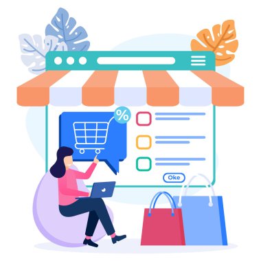 Smartphone ve laptop uygulamasında online alışveriş kavramının vektör çizimi. Sohbet mesajları, dağıtım, 24 saat ve simgeler gibi.