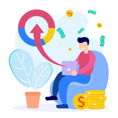 İş konsepti vektör illüstrasyonu, mutlu ifadeli iş adamı, büyüme gösteren ekonomi, başarı ve mali kalkınma.