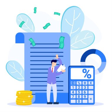 Maaş bordrolarının ve maaş bordrolarının düz vektör çizimi. Şirket gelirleri, vergi gelirleri ve bütçe planlamasının hesaplanması.