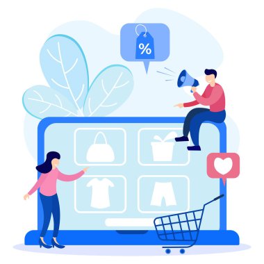 İndirimli mutlu bir kadının mağaza indirimli düz vektör çizimi. İndirim sistemi kavramı, müşteriler için sadakat programı, mevsimlik satışlar, kuponlar veya kuponlar.