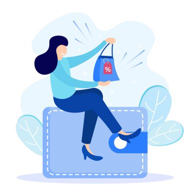 İndirimli mutlu bir kadının mağaza indirimli düz vektör çizimi. İndirim sistemi kavramı, müşteriler için sadakat programı, mevsimlik satışlar, kuponlar veya kuponlar.