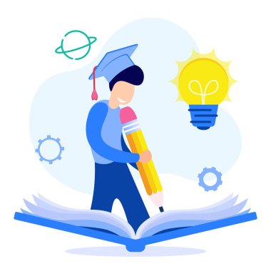 Eğitim konsepti vektör illüstrasyonu, çeşitli okul, öğrenme ve öğretim faaliyetleri olan insanlar.