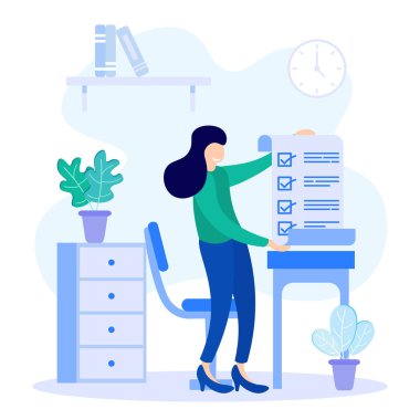 Olumlu bir iş karakterinin düz vektör çizimi karatahta listesiyle işaretlenmiş yönü gösteriyor. İş görevleri başarıyla tamamlandı.