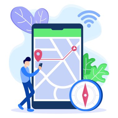 GPS navigasyon haritası konsept vektör çizimi, akıllı telefon haritası uygulaması ve ekranda kırmızı nokta. Belirtilen konuma yönler.