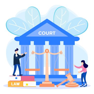 Hukuk, üstünlük ve adalet konsepti vektör illüstrasyonu. Dava desteği, hukuki araştırma, paralegal hizmetler, avukat asistanları. Yargıcın kararı.