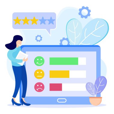 Kalite testi ve memnuniyet raporuyla anket konsepti düz stil vektör çizimi. Müşterilerden geri bildirim ya da fikir edinin. İstemci soruları cevaplar.