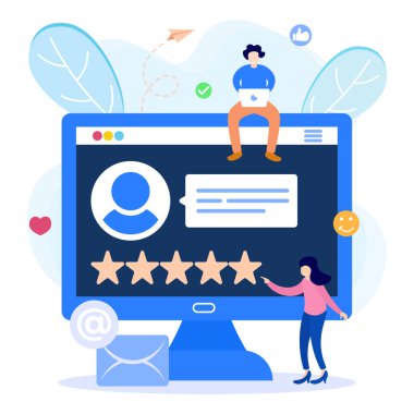 Düz stil vektör çizimi. Müşteriler beş yıldızlı geri bildirim yapar. Müşteriler memnuniyet derecelerini seçer ve olumlu eleştirileri terk eder. Müşteri Hizmetleri Konseptleri ve Kullanıcı Deneyimi.