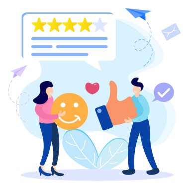 Düz stil vektör çizimi. Müşteriler beş yıldızlı geri bildirim yapar. Müşteriler memnuniyet derecelerini seçer ve olumlu eleştirileri terk eder. Müşteri Hizmetleri Konseptleri ve Kullanıcı Deneyimi.