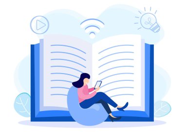 Çevrimiçi kütüphane konsepti vektör illüstrasyonu. Uygulamadan dijital kitaplarla e-öğrenme. İnternet kaynaklarını okuyarak.