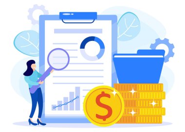 Düz izometrik vektör çizimi beyaz arkaplanda izole edildi. Mali denetim iş konsepti ve şirket verileri. Web pankartları, bilgi grafikleri, kahraman resimleri için kullanılabilir.