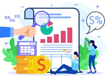 İş kavramlarının vektör illüstrasyonu, muhasebe, muhasebe ve denetim gelişmeleri olan iş adamları.