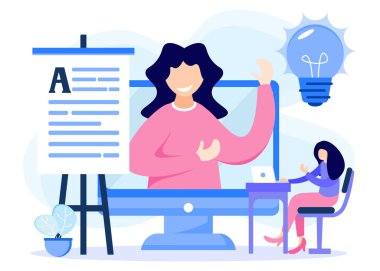 Modern vektör çizimi. Bir yığın kitabı olan ve bilgisayarını kullanan zeki karakter. E-öğrenme, webinar, çevrimiçi video eğitimi, uzaktan eğitim kavramı.