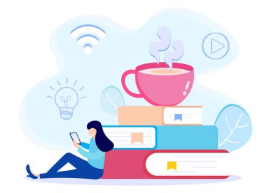Modern vektör çizimi. Bir yığın kitabı olan ve bilgisayarını kullanan zeki karakter. E-öğrenme, webinar, çevrimiçi video eğitimi, uzaktan eğitim kavramı.