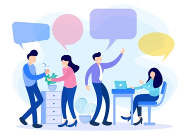 İletişim konsepti düz vektör çizimi. Tartışan, mesaj gönderen, birbiriyle sohbet eden insanların karakterleri..