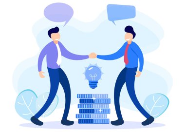 Yeni bir anlaşma ya da anlaşma geliştirme olarak iş birliği kavramının sabit vektör illüstrasyonu. Şirket ortağı olarak iş adamı tokalaşması. Birlikte başarın.