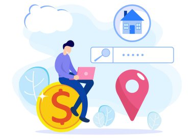 Ev seçimi ve arama, ev projesi, emlak işi konseptinin düz vektör çizimi. çevrimiçi ara