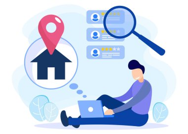 Ev seçimi ve arama, ev projesi, emlak işi konseptinin düz vektör çizimi. çevrimiçi ara