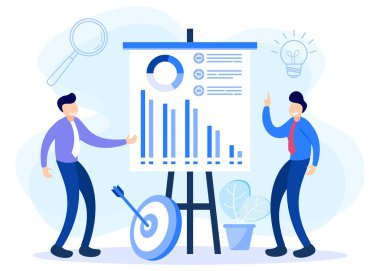 İş analizi konsepti vektör illüstrasyonu, piyasa büyümesi, mali rapor, yatırım verileri veya satış bilgileri, karakter analizi grafikleri ve grafikleri