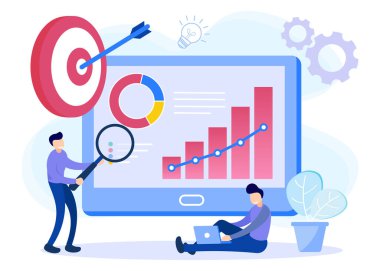 İş analizi konsepti vektör illüstrasyonu, piyasa büyümesi, mali rapor, yatırım verileri veya satış bilgileri, karakter analizi grafikleri ve grafikleri