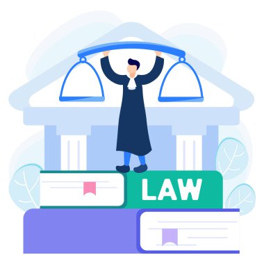 Hukuk, üstünlük ve adalet konsepti vektör illüstrasyonu. Dava desteği, hukuki araştırma, paralegal hizmetler, avukat asistanları. Yargıcın kararı.