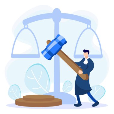 Hukuk, üstünlük ve adalet konsepti vektör illüstrasyonu. Dava desteği, hukuki araştırma, paralegal hizmetler, avukat asistanları. Yargıcın kararı.