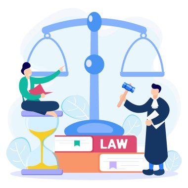 Hukuk, üstünlük ve adalet konsepti vektör illüstrasyonu. Dava desteği, hukuki araştırma, paralegal hizmetler, avukat asistanları. Yargıcın kararı.