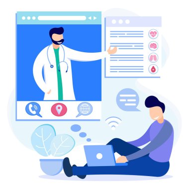 Çevrimiçi tıbbi servis düz vektör çizimi. Hastalar internetten doktorlarla tanışıyor, danışmanlık yapıyor ve dijital olarak reçete alıyorlar. Teletıp ve e-sağlık konsepti.