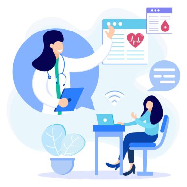Çevrimiçi tıbbi servis düz vektör çizimi. Hastalar internetten doktorlarla tanışıyor, danışmanlık yapıyor ve dijital olarak reçete alıyorlar. Teletıp ve e-sağlık konsepti.