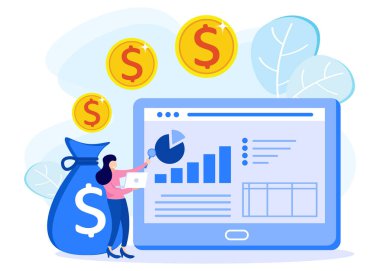 Düz izometrik vektör çizimi beyaz arkaplanda izole edildi. Mali denetim iş konsepti ve şirket verileri. Web pankartları, bilgi grafikleri, kahraman resimleri için kullanılabilir.