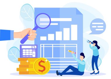 Düz izometrik vektör çizimi beyaz arkaplanda izole edildi. Mali denetim iş konsepti ve şirket verileri. Web pankartları, bilgi grafikleri, kahraman resimleri için kullanılabilir.